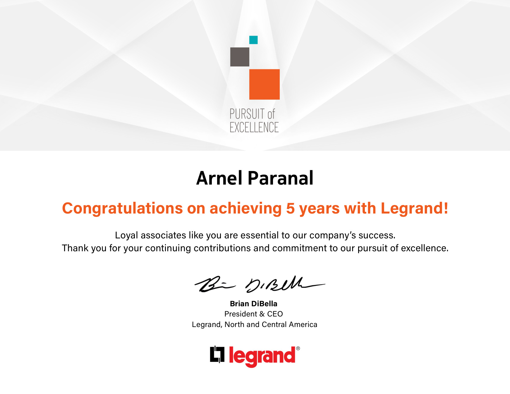 Legrand five-year service anniversary certificate for Arnel Paranal