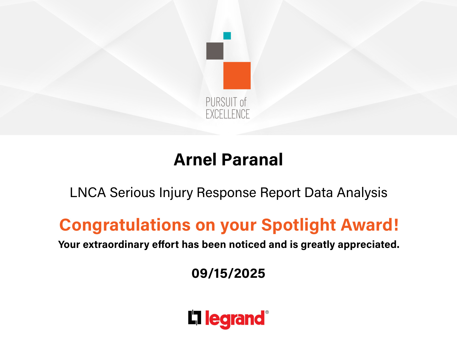 Spotlight Award certificate: LNCA Serious Injury Response Report Data Analysis