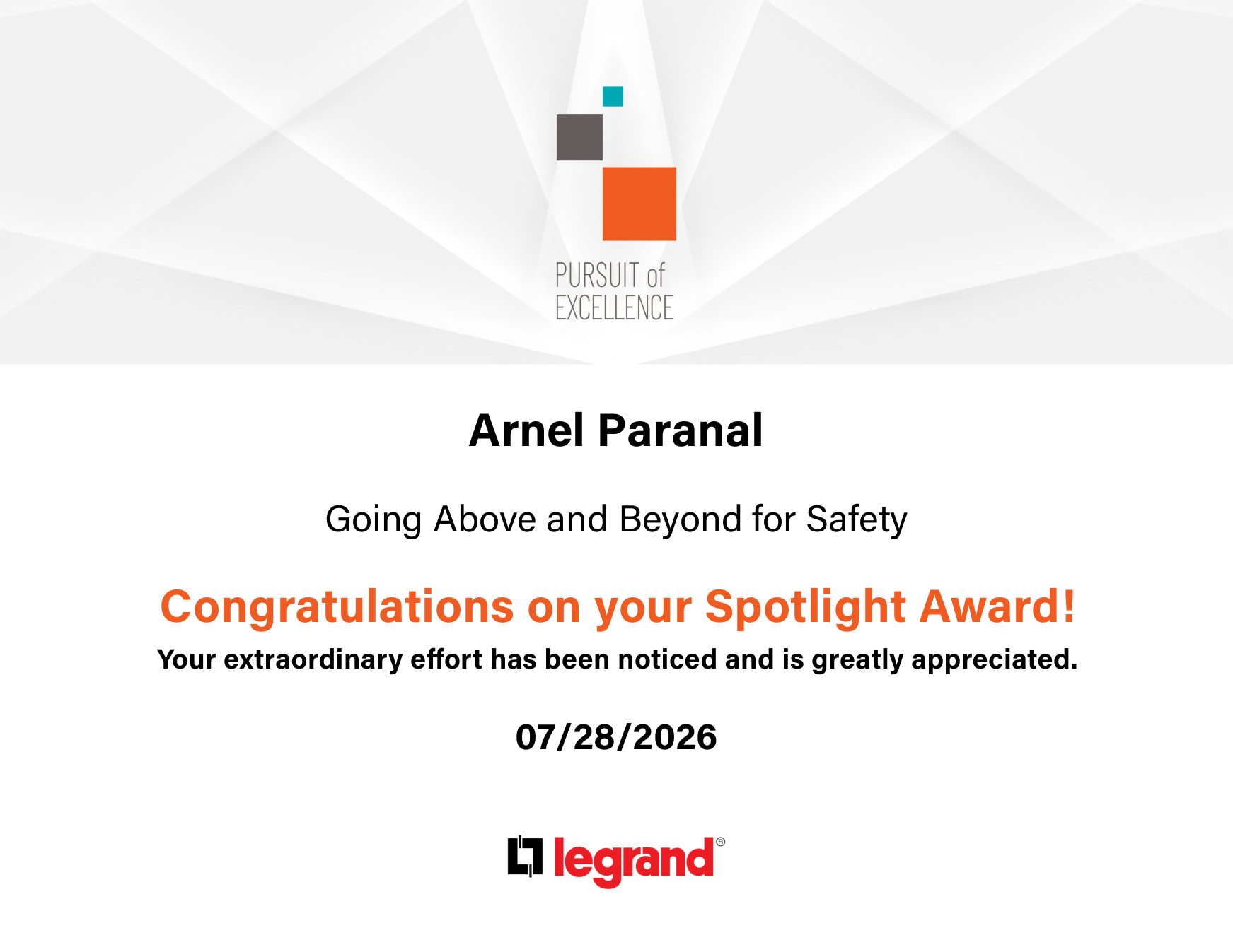 Spotlight Award certificate: Going Above and Beyond for Safety