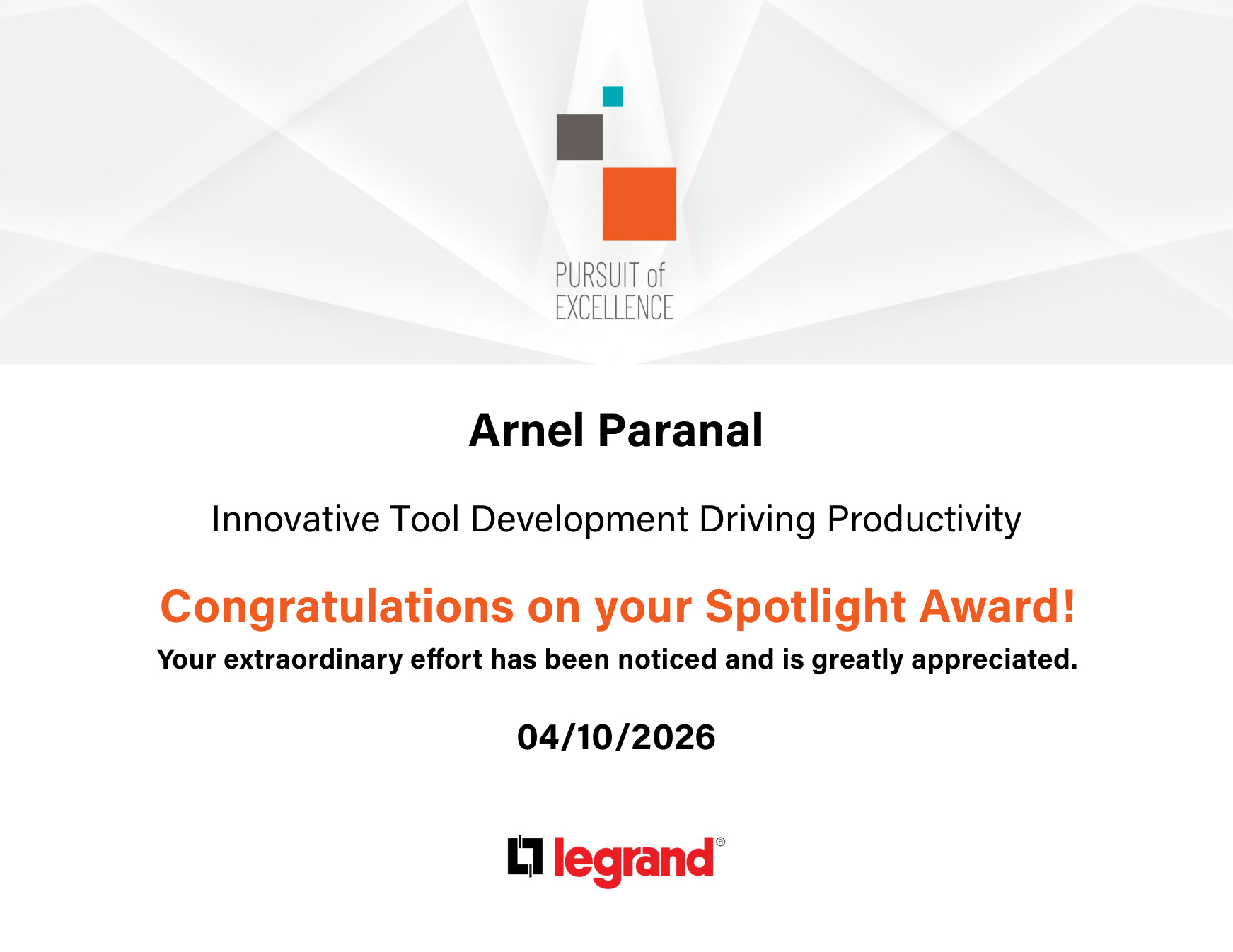 Spotlight Award certificate: Innovative Tool Development Driving Productivity